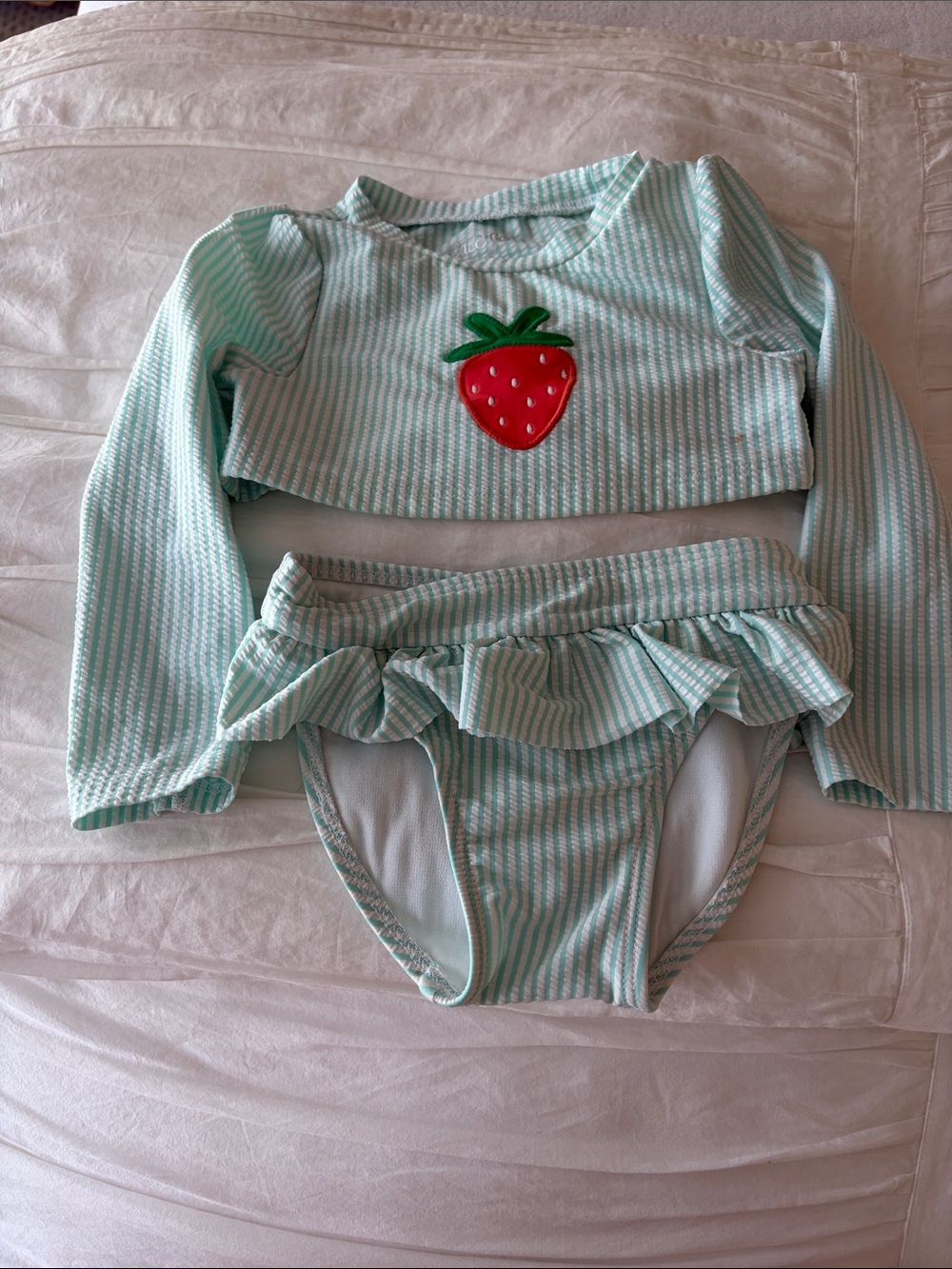 Cat & Jack Mint Stripe Long-Sleeve Bikini Set with Red Strawberry
